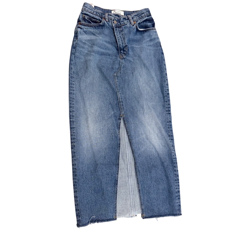 $168 Reformation Nila Long Denim Jean Skirt Blue Crossover Waist Midi Slit 26 4 - Picture 10 of 15